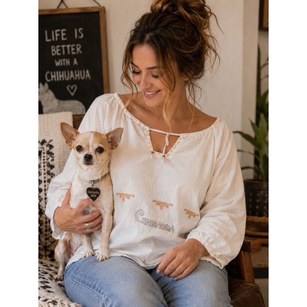 Chihuahua Embroidered Peasant Blouse White Cotton Boho Folk Top Size M